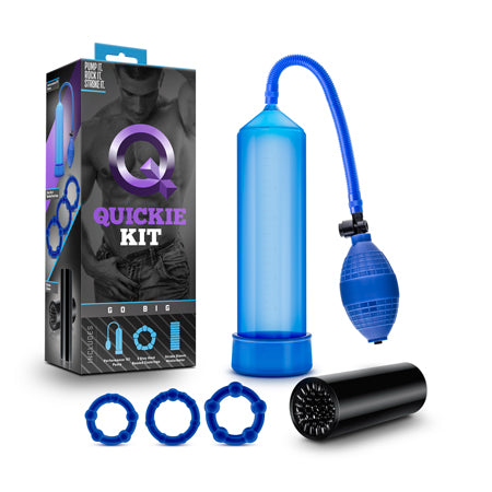 Quickie Kit Go Big Pump, Stroker & 3-Piece Cockring Set Blue - Not Very Vanilla