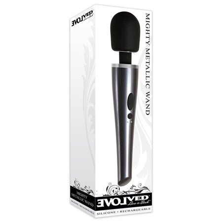 Evolved Mighty Metallic Wand Rechargeable Silicone Wand Vibrator Chrome/Black - Not Very Vanilla