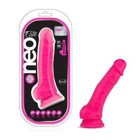 Blush Neo Elite 7.5 in. Silicone Dual Density Dildo with Balls & Suction Cup Neon Pink - Not Very Vanilla