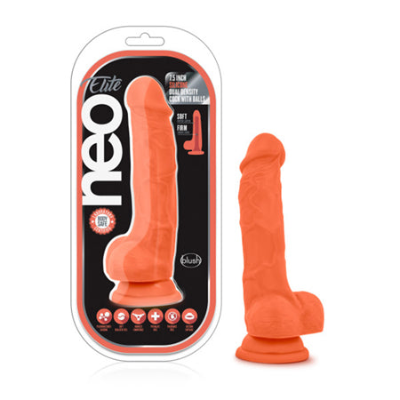 Blush Neo Elite 7.5 in. Silicone Dual Density Dildo with Balls & Suction Cup Neon Orange - Not Very Vanilla