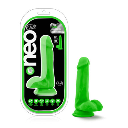 Blush Neo Elite 6 in. Silicone Dual Density Dildo with Balls & Suction Cup Neon Green - Not Very Vanilla