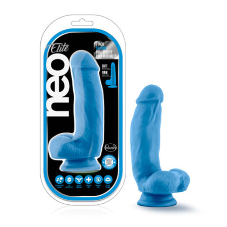 Blush Neo Elite 7 in. Silicone Dual Density Dildo with Balls & Suction Cup Neon Blue - Not Very Vanilla