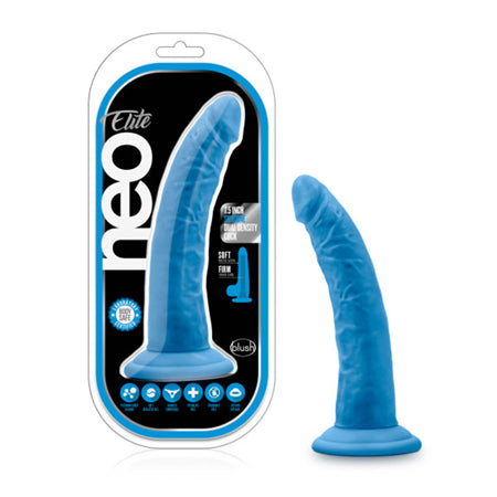 Blush Neo Elite 7.5 in. Silicone Dual Density Dildo with Suction Cup Neon Blue - Not Very Vanilla