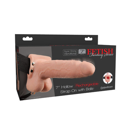 Pipedream Fetish Fantasy Series Rechargeable Vibrating 7 in. Hollow Strap-On With Balls Beige/Black - Not Very Vanilla