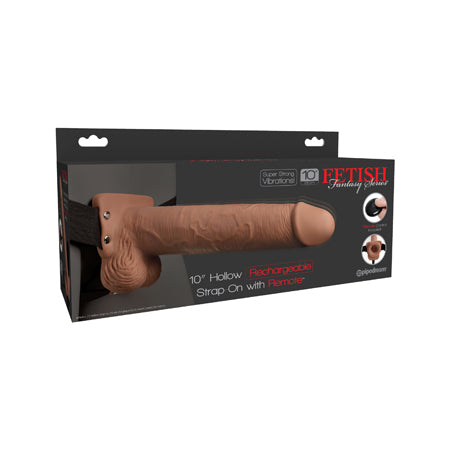 Pipedream Fetish Fantasy Series Vibrating 10 in. Hollow Strap-On With Balls Tan/Black - Not Very Vanilla