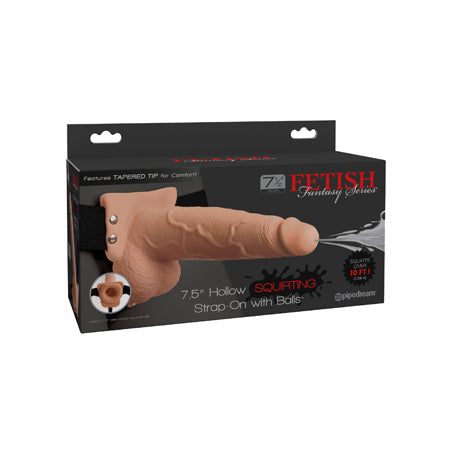 Pipedream Fetish Fantasy Series 7.5 in. Hollow Squirting Strap-On With Balls Beige/Black - Not Very Vanilla