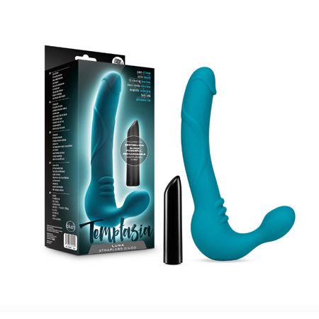 Blush Temptasia Luna 9 in. Silicone Strapless Strap-On Dildo with Rechargeable Bullet Vibrator Teal - Not Very Vanilla