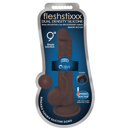 Curve Toys FLESHSTIXXX 9 in. Posable Dual Density Silicone Dildo with Balls & Suction Cup Brown - Not Very Vanilla