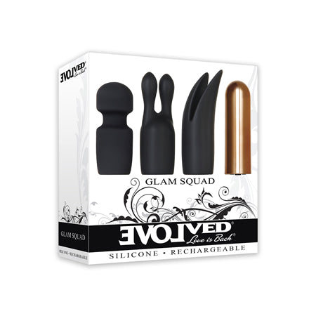 Evolved Glam Squad Rechargeable Bullet Vibrator With 3-Piece Silicone Sleeve Set Black/Copper - Not Very Vanilla