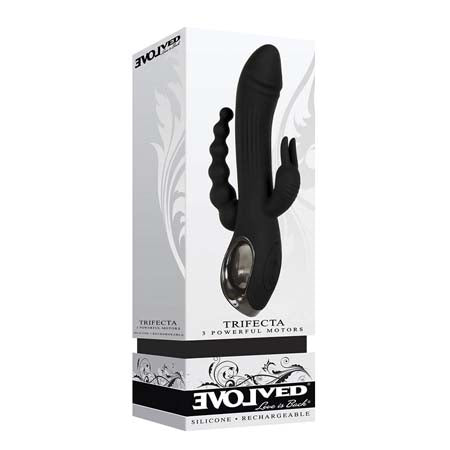 Evolved Trifecta Rechargeable Dual Entry Triple Stimulation Silicone Rabbit Vibrator Black - Not Very Vanilla