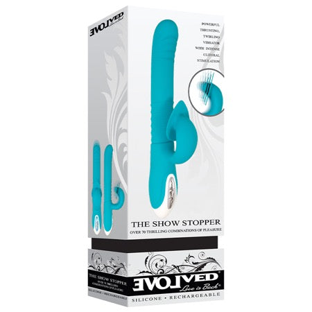 Evolved The Show Stopper Rechargeable Thrusting Twirling Dual Stimulator Teal - Not Very Vanilla