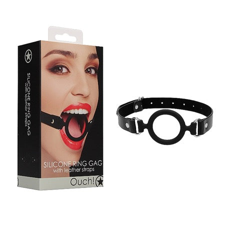 Ouch! Adjustable Silicone Ring Gag With Leather Straps Black - Not Very Vanilla