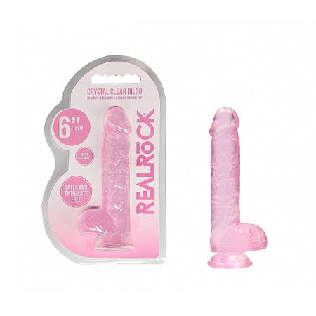 RealRock Crystal Clear Realistic 6 in. Dildo With Balls and Suction Cup Pink - Not Very Vanilla