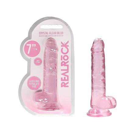 RealRock Crystal Clear Realistic 7 in. Dildo With Balls and Suction Cup Pink - Not Very Vanilla