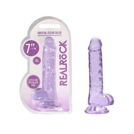 RealRock Crystal Clear Realistic 7 in. Dildo With Balls and Suction Cup Purple - Not Very Vanilla