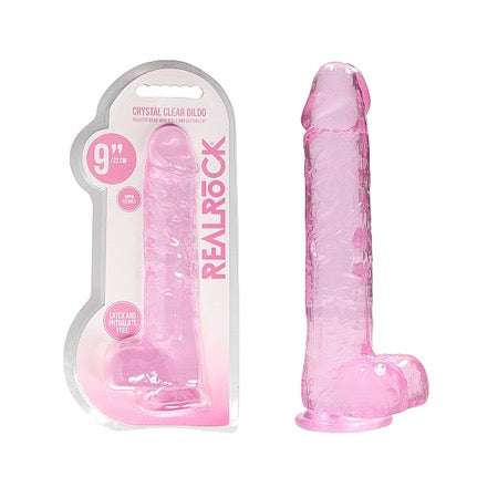 RealRock Crystal Clear Realistic 9 in. Dildo With Balls and Suction Cup Pink - Not Very Vanilla