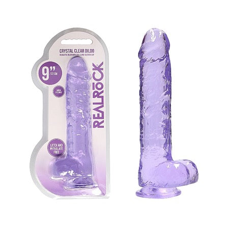 RealRock Crystal Clear Realistic 9 in. Dildo With Balls and Suction Cup Purple - Not Very Vanilla