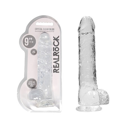 RealRock Crystal Clear Realistic 9 in. Dildo With Balls and Suction Cup Clear - Not Very Vanilla