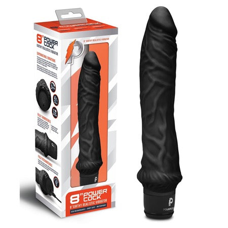 Powercock 8 in. Girthy Realistic Vibrator Rechargeable Silicone Vibrating Dildo Black - Not Very Vanilla