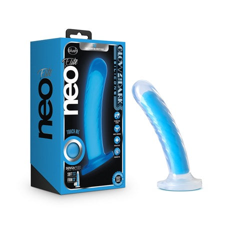 Blush Neo Elite Glow in the Dark Tao 7 in. Dual-Density Dildo with Suction Cup Neon Blue - Not Very Vanilla