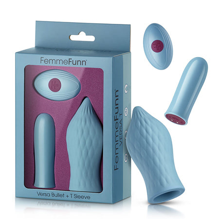 FemmeFunn Versa T Bullet Vibrator & Textured Silicone Tongue-Shaped Sleeve Light Blue - Not Very Vanilla