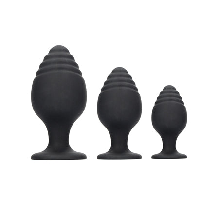 Ouch! 3-Piece Silicone Rippled Anal Plug Set Black - Not Very Vanilla