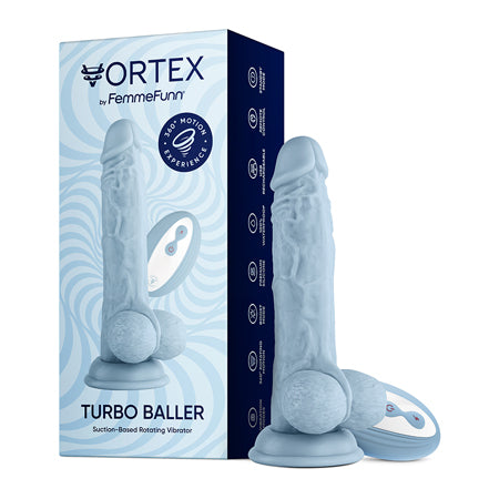 FemmeFunn Vortex Turbo Baller 2.0 8.25 in. Vibrating Rotating Dildo Light Blue - Not Very Vanilla