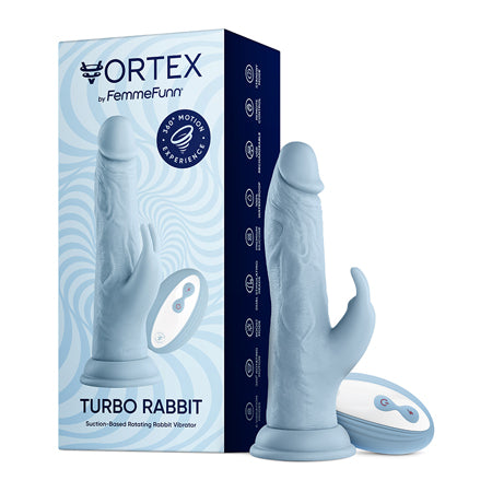 FemmeFunn Vortex Turbo Rabbit 2.0 8 in. Dual Stimulation Vibrating Dildo Light Blue - Not Very Vanilla