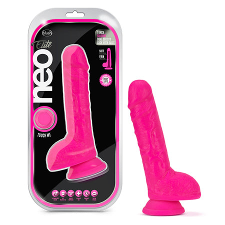 Blush Neo Elite 9 in. Silicone Dual Density Dildo with Balls & Suction Cup Neon Pink - Not Very Vanilla