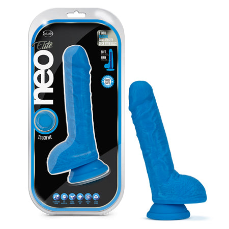 Blush Neo Elite 9 in. Silicone Dual Density Dildo with Balls & Suction Cup Neon Blue - Not Very Vanilla