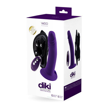 Vedo Diki Rechargeable Vibrating Dildo With Harness Deep Purple - Not Very Vanilla