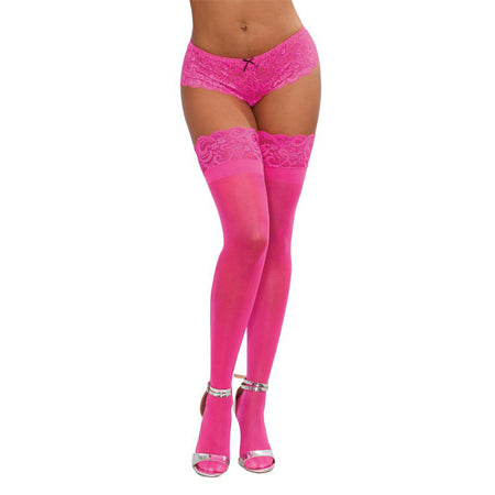 Dreamgirl Neon Pink Sheer Thigh-High Stockings With Silicone Lace Top Pink OS - Not Very Vanilla