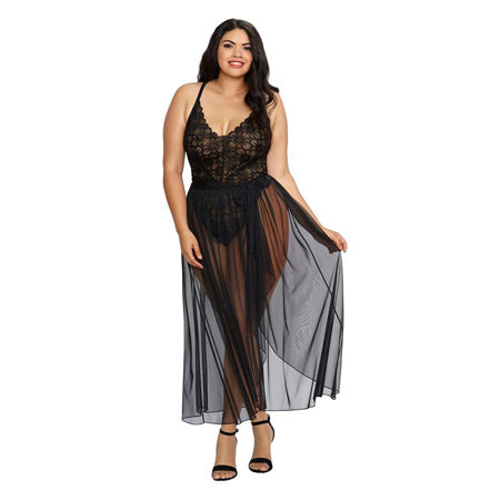 Dreamgirl Teddy & Sheer Mesh Maxi Skirt With G-String Black Queen 1X Hanging - Not Very Vanilla