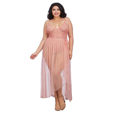 Dreamgirl Teddy & Sheer Mesh Maxi Skirt With G-String Rose Queen 1X Hanging - Not Very Vanilla