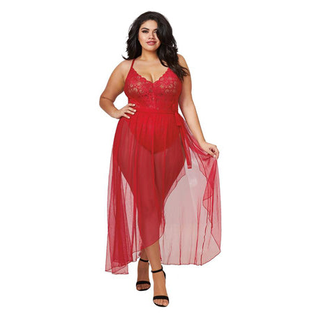 Dreamgirl Dreamgirl Teddy & Sheer Mesh Maxi Skirt With G-String Rouge Queen 2X Hanging - Not Very Vanilla