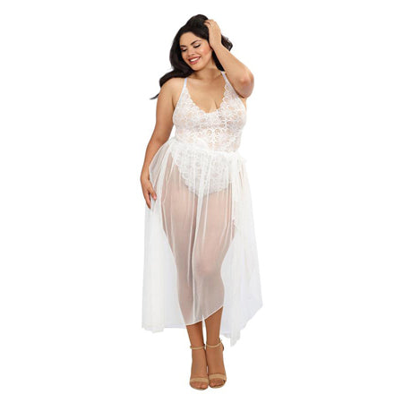 Dreamgirl Teddy & Sheer Mesh Maxi Skirt With G-String White Queen 2X Hanging - Not Very Vanilla