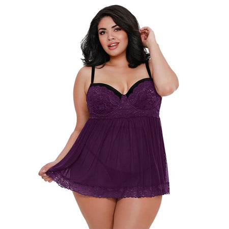 Dreamgirl Stretch Mesh and Lace Babydoll Plum Queen 1X Hanging - Not Very Vanilla