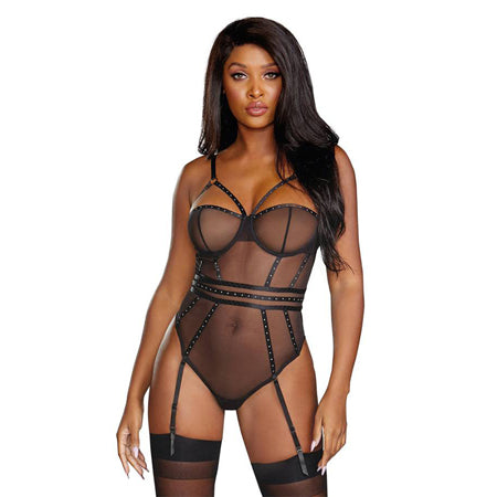 Sheer Stretch Mesh Snap Crotch Teddy With Removable Garters Black Medium Hanging - Not Very Vanilla