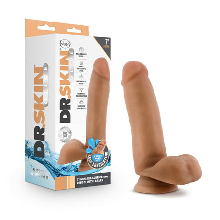 Blush Dr. Skin Glide Realistic 7 in. Self-Lubricating Dildo with Balls & Suction Cup Tan - Not Very Vanilla