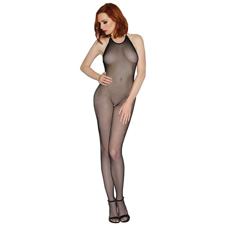 Dreamgirl Seamless Fishnet Bodystocking with Halter Neck, Open Crotch and Low Back Black OS - Not Very Vanilla