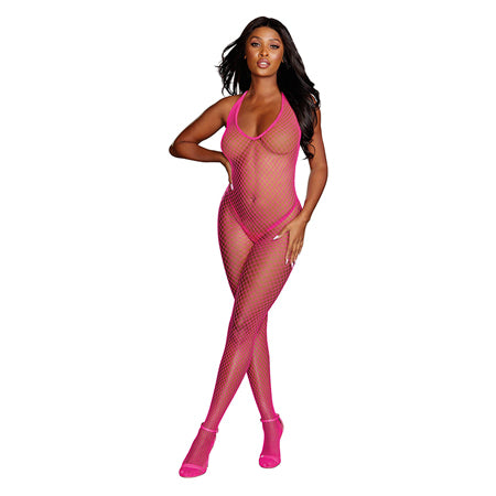 Dreamgirl Diamond-Net Halter Bodystocking With Open Crotch Neon Pink OS - Not Very Vanilla