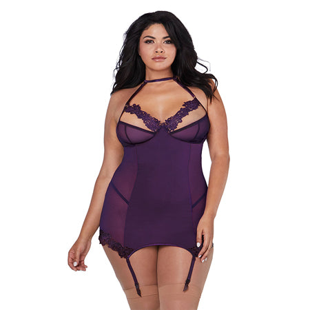 Dreamgirl Microfiber and Mesh Garter Slip With Underwire Shelf Bra Plum Queen - Not Very Vanilla