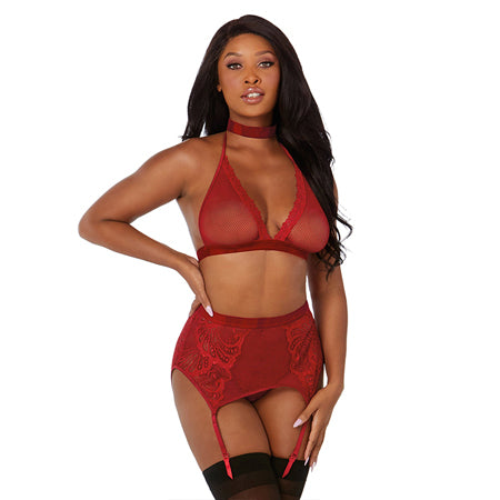 Dreamgirl Fishnet and Lace Four-Piece Set With Stretch Velvet Trim Accents Garnet OS - Not Very Vanilla