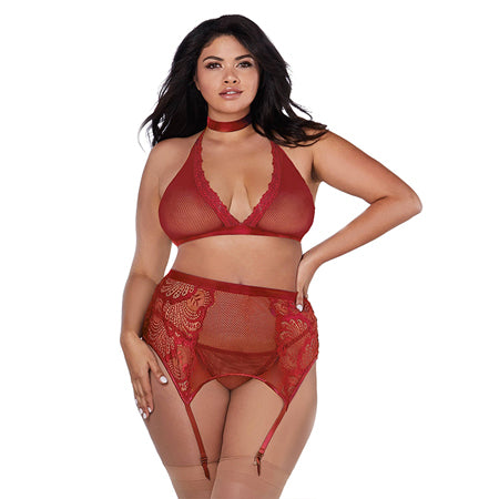 Dreamgirl Fishnet and Lace Four-Piece Set With Stretch Velvet Trim Accents Garnet Queen - Not Very Vanilla