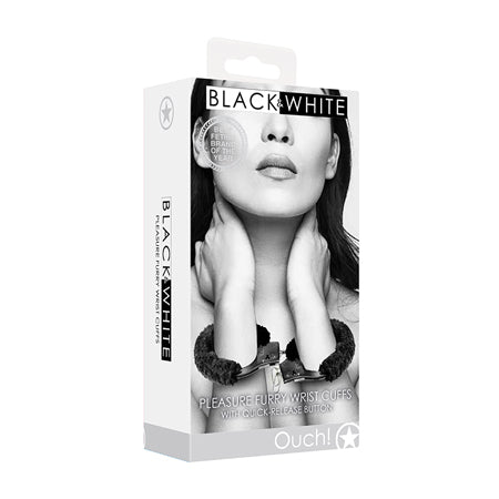 Ouch! Black & White Beginner Pleasure Furry Wrist Cuffs With Quick-Release Button Black - Not Very Vanilla