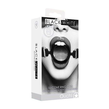 Ouch! Black & White Silicone Ring Gag With Adjustable Bonded Leather Straps Black - Not Very Vanilla