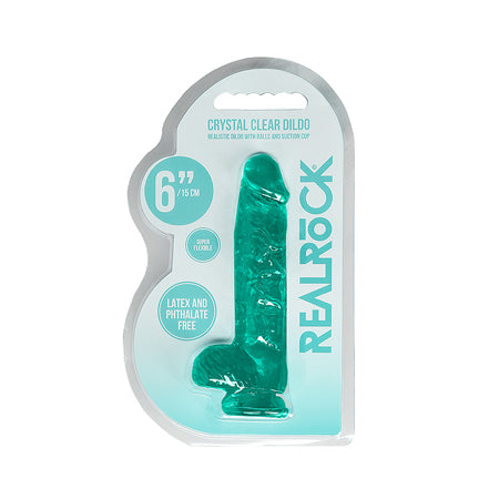 RealRock Crystal Clear Realistic 6 in. Dildo With Balls and Suction Cup Turquoise - Not Very Vanilla