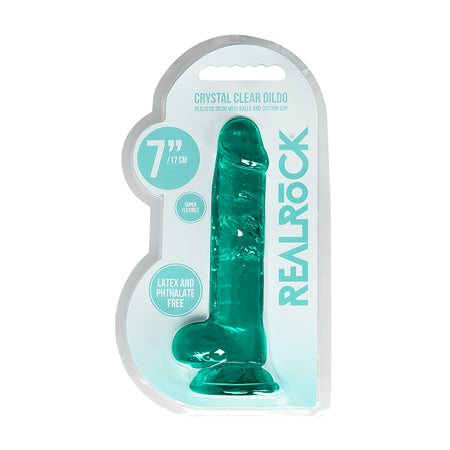 RealRock Crystal Clear Realistic 7 in. Dildo With Balls and Suction Cup Turquoise - Not Very Vanilla