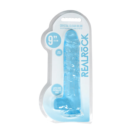 RealRock Crystal Clear Realistic 9 in. Dildo With Balls and Suction Cup Blue - Not Very Vanilla