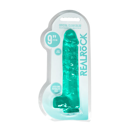 RealRock Crystal Clear Realistic 9 in. Dildo With Balls and Suction Cup Turquoise - Not Very Vanilla